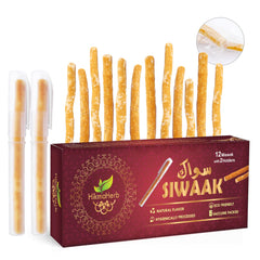 HikmaHerb pack frontal mostrando 12 miswak y 2 soportes para higiene práctica