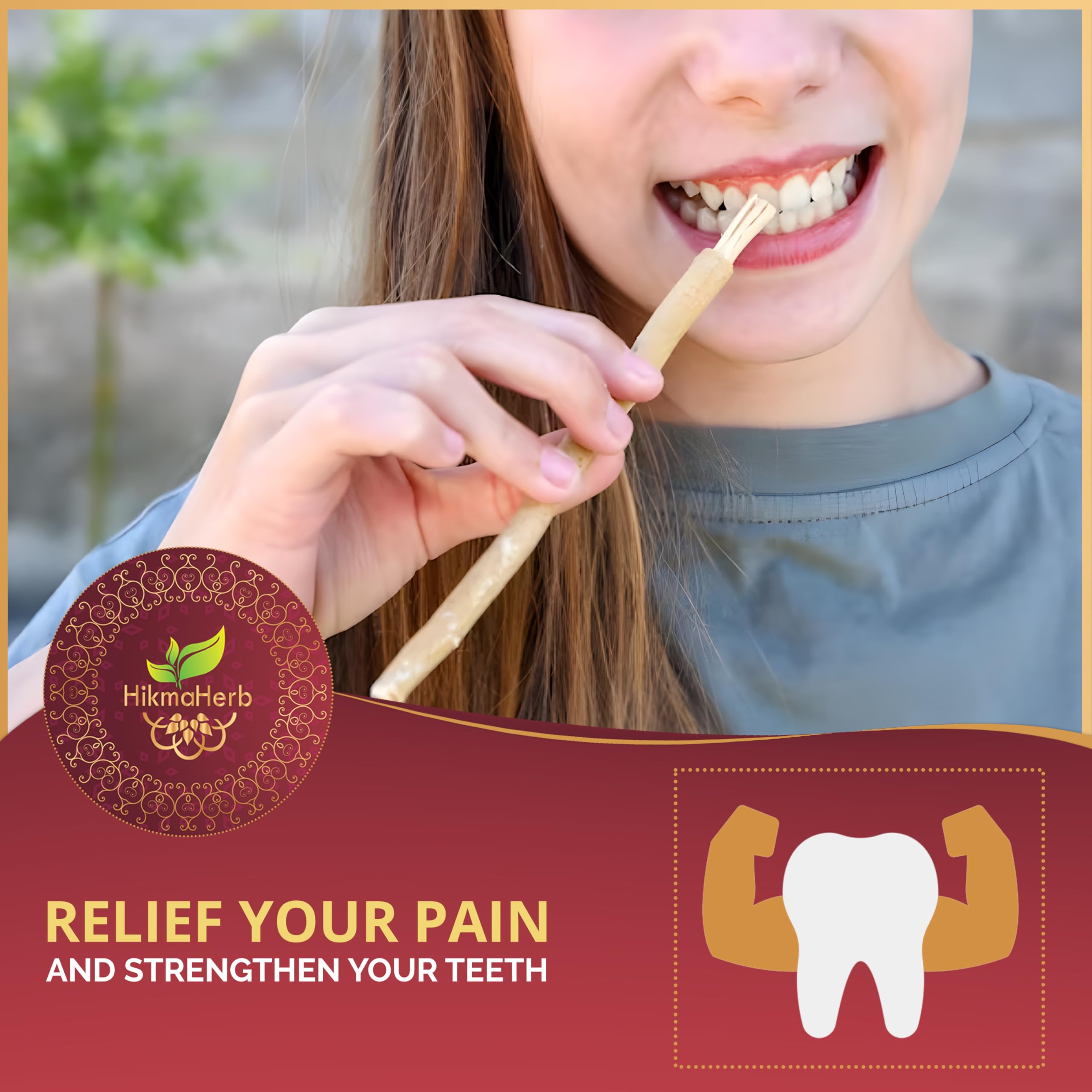 HikmaHerb persona usando miswak demostrando limpieza portátil sin pasta