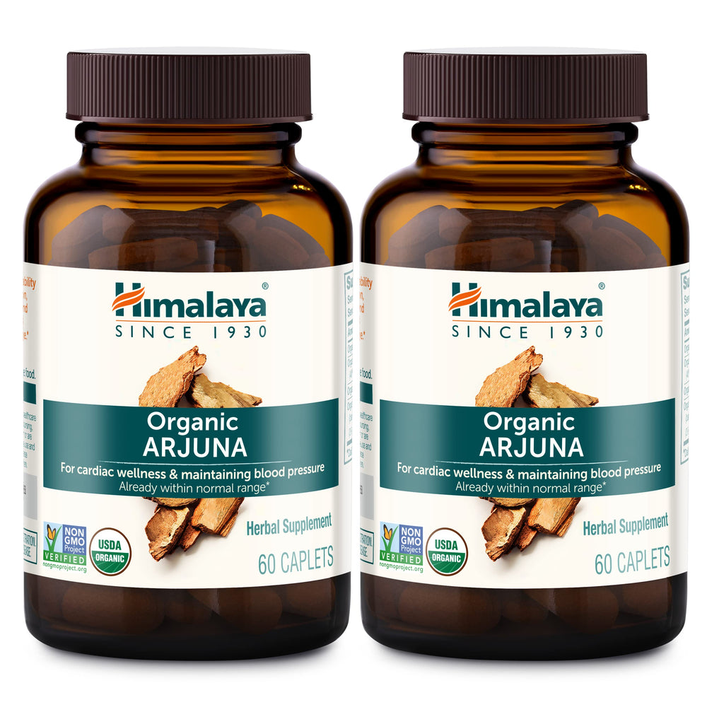 Himalaya Arjuna frontal del envase mostrando la presentación doble y la ventaja orgánica
