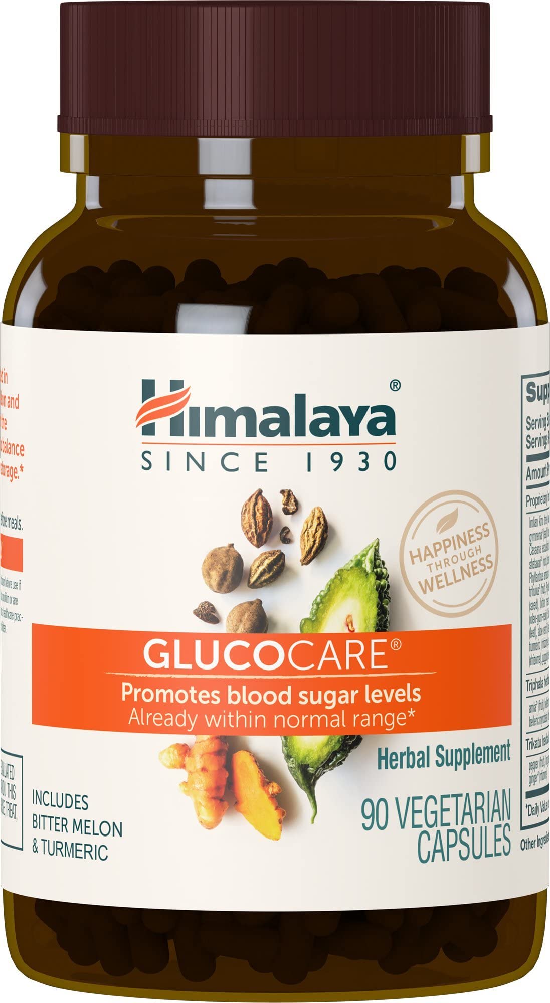 Himalaya frasco GlucoCare frente mostrando diseño y beneficio de apoyo metabólico