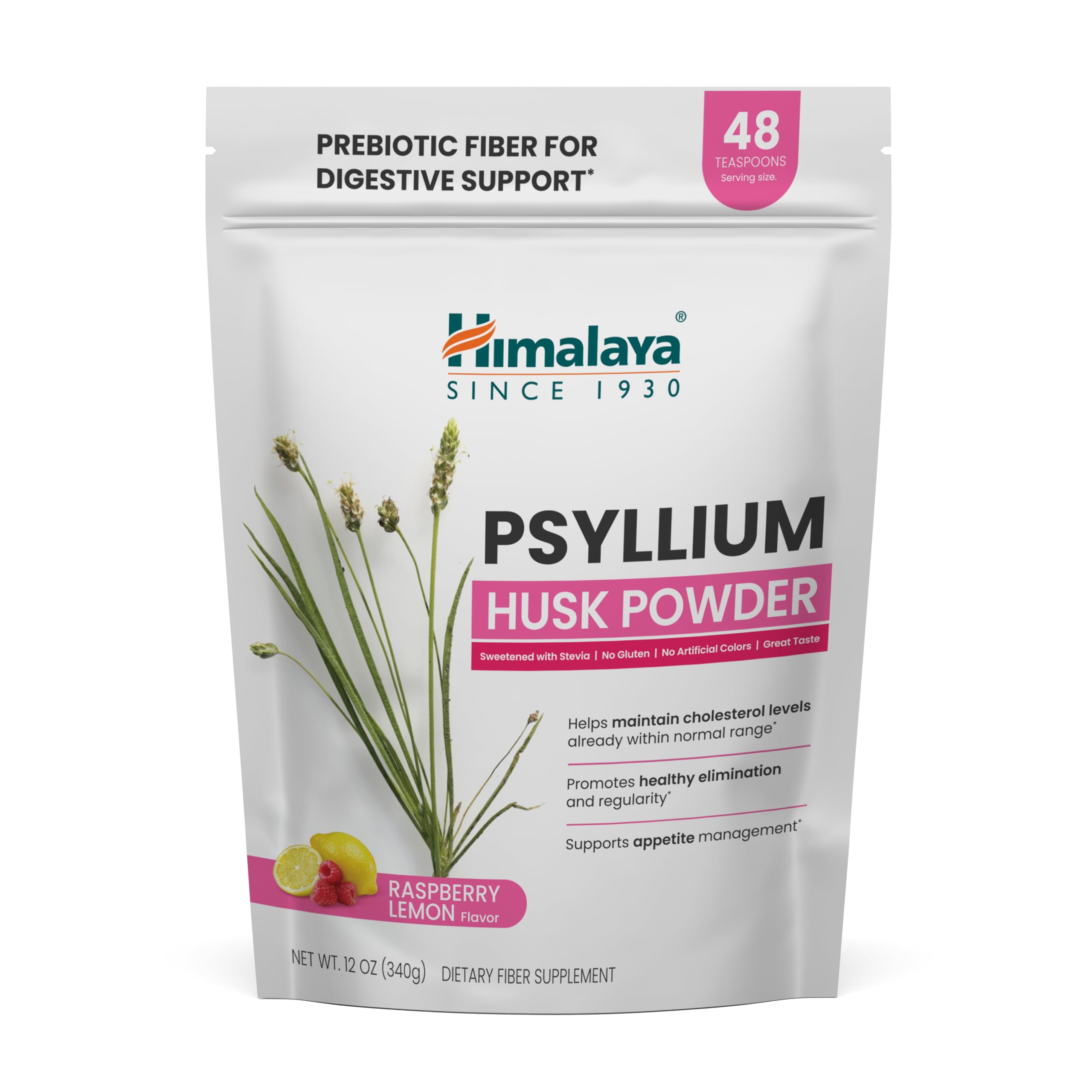 Himalaya envase frontal mostrando sabor frambuesa limón y beneficios de fibra
