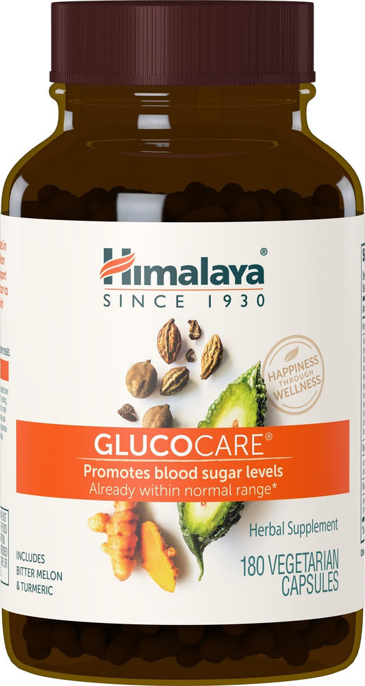 Himalaya GlucoCare vista frontal del envase, presentación confiable