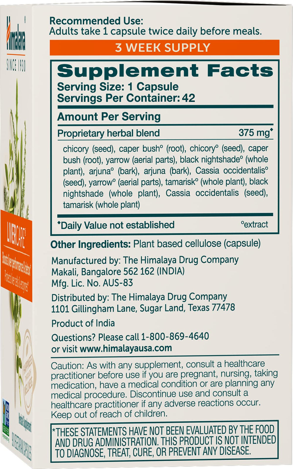 Cápsulas de Himalaya LiverCare mostrando textura y revestimiento vegetal