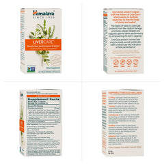 Detalle de etiqueta de Himalaya LiverCare mostrando ingredientes y certificaciones
