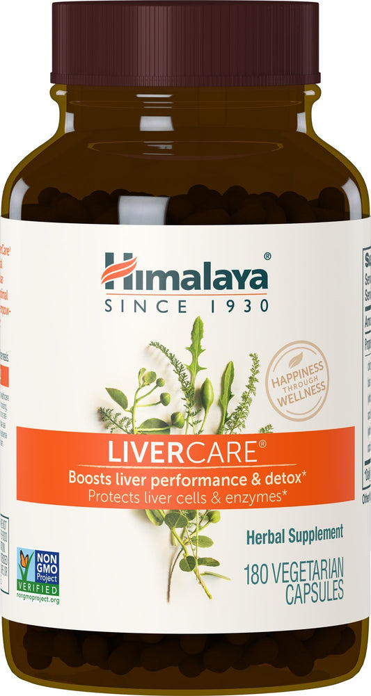 Himalaya LiverCare envase frontal mostrando marca y cantidad, claridad de presentación