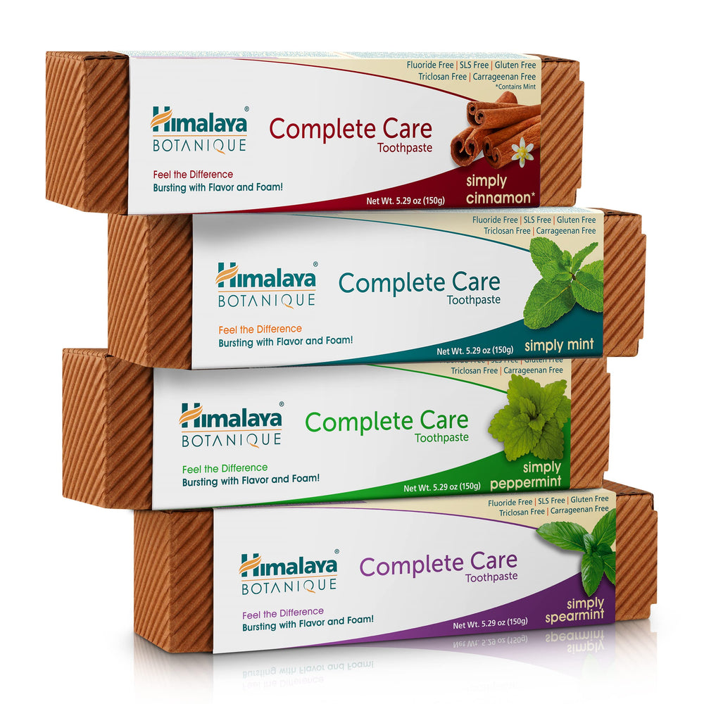 Himalaya paquete frontal mostrando 4 tubos y variedad de sabores, conveniencia diaria