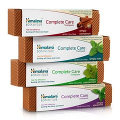 Himalaya paquete frontal mostrando 4 tubos y variedad de sabores, conveniencia diaria