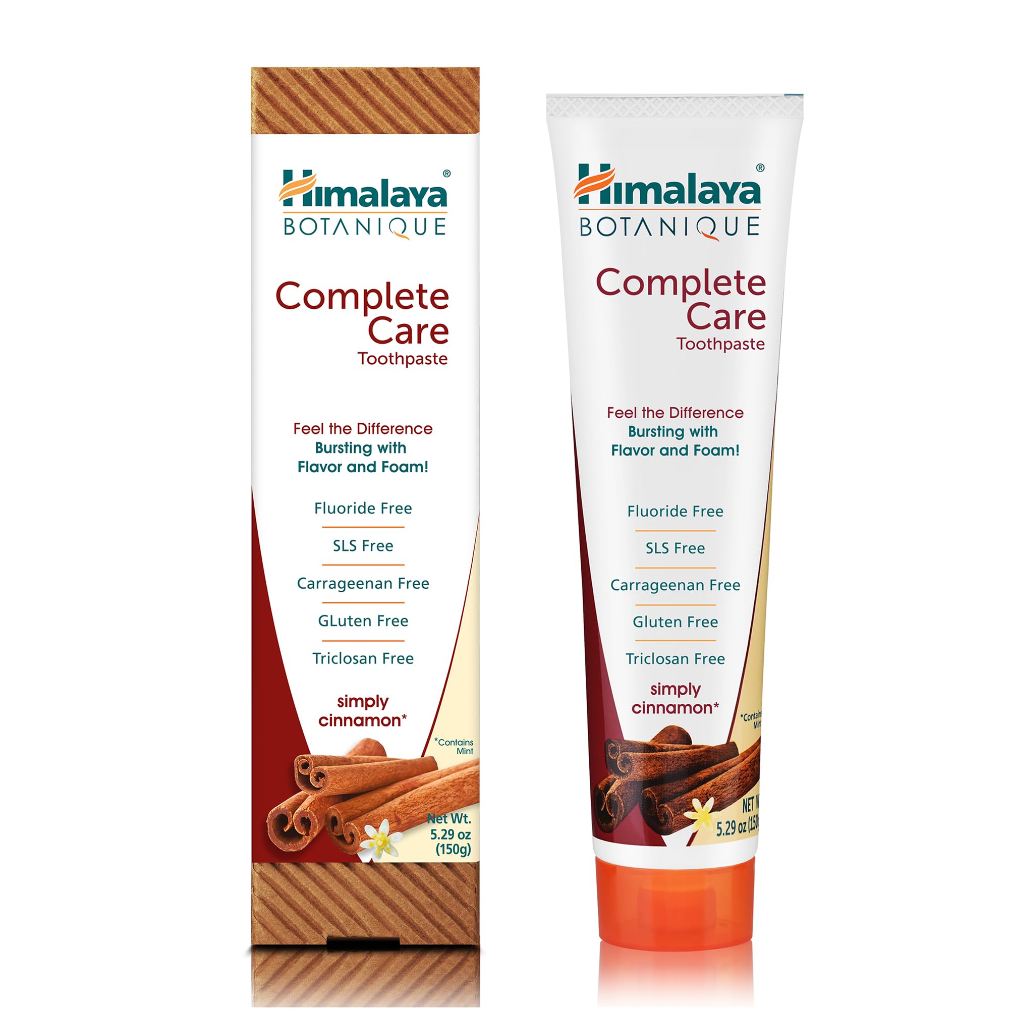 Himalaya pasta dental canela frente del empaque mostrando la marca y beneficio natural