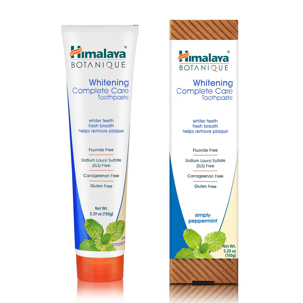 Himalaya pasta dental frontal mostrando caja y tubo, limpieza herbal visible