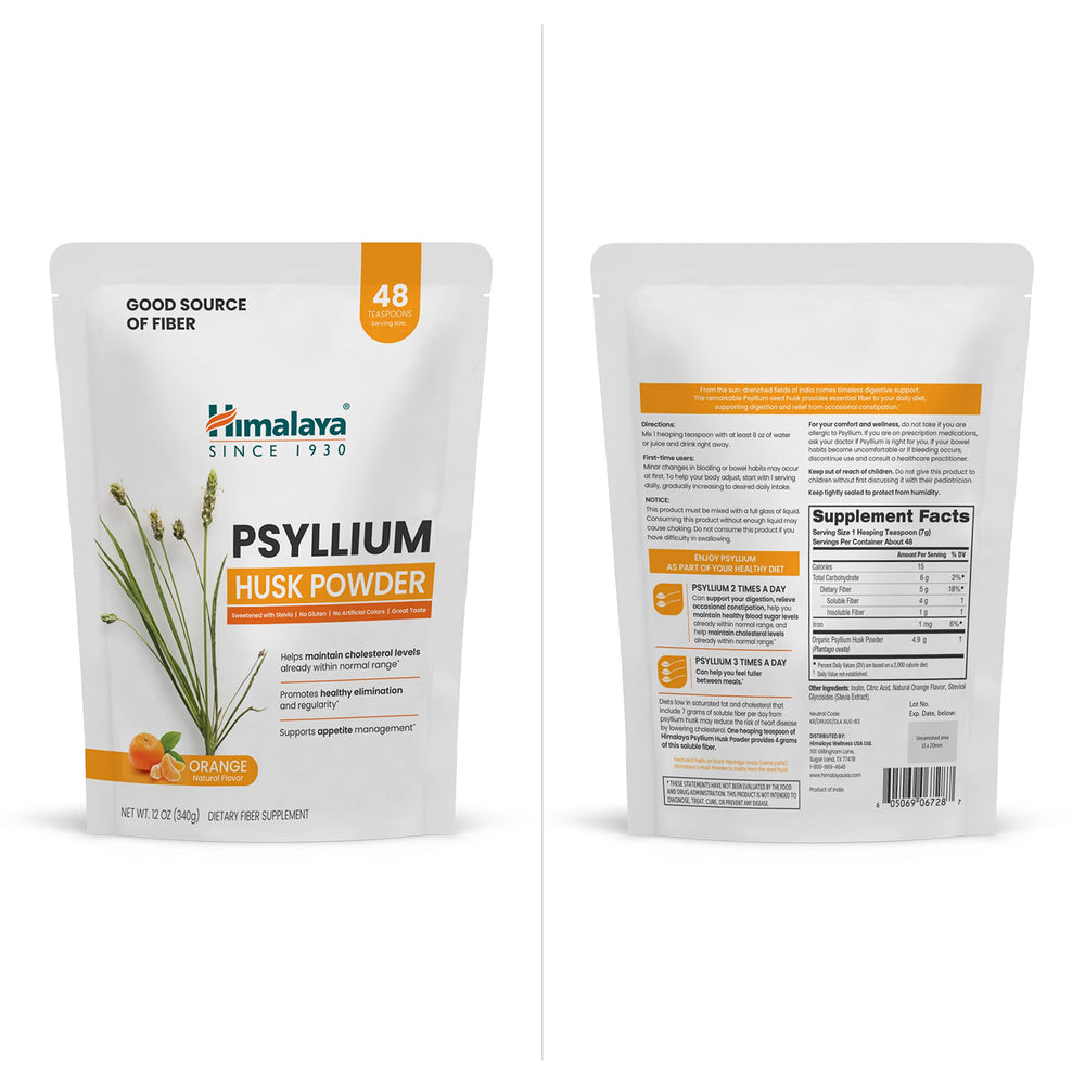 Granos de psyllium orgánico e ingredientes destacando origen natural Himalaya