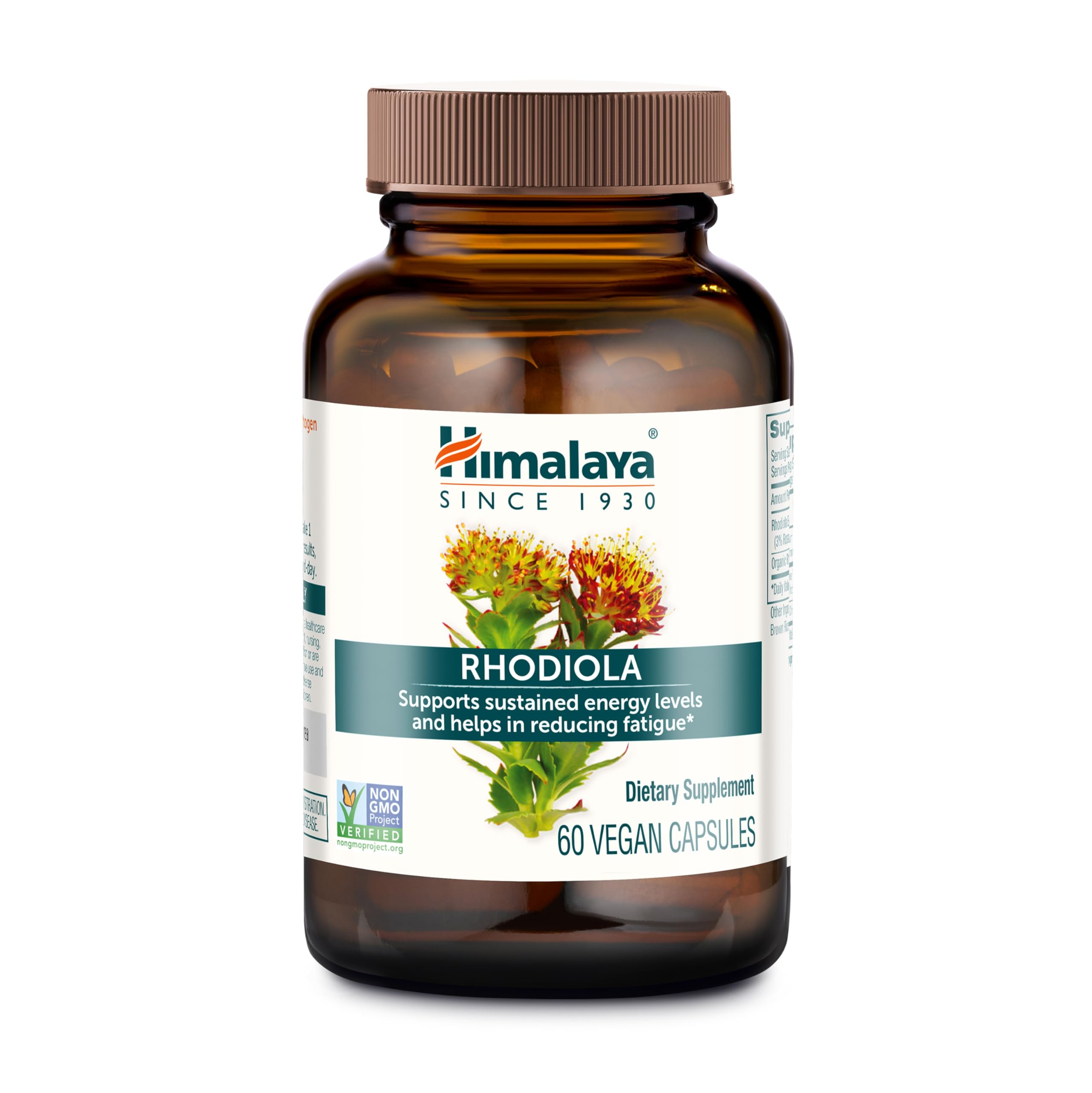 Himalaya frasco frontal del suplemento Rhodiola Rosea mostrando presentación y cápsulas