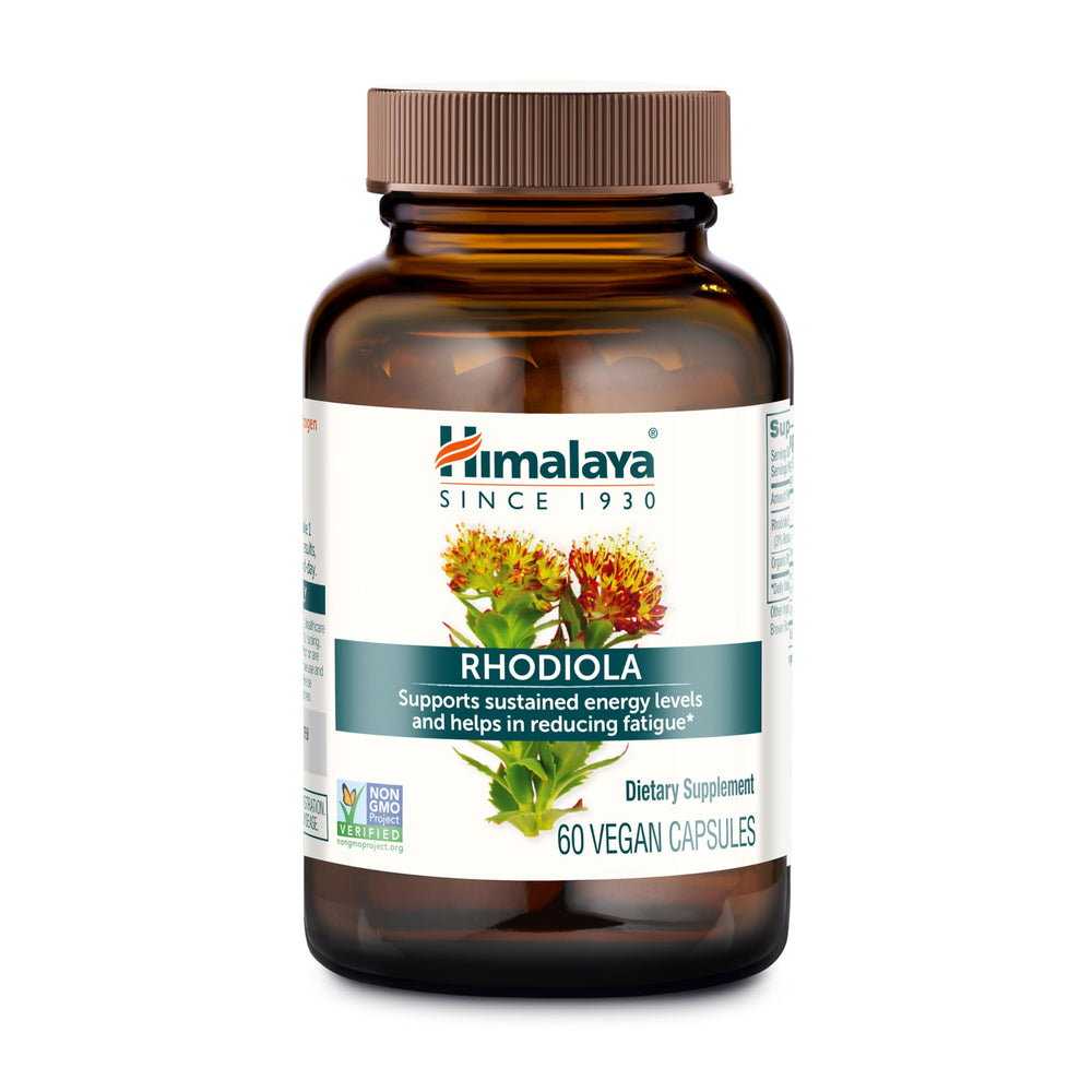 Himalaya frasco frontal del suplemento Rhodiola Rosea mostrando presentación y cápsulas