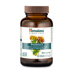 Himalaya frasco frontal del suplemento Rhodiola Rosea mostrando presentación y cápsulas