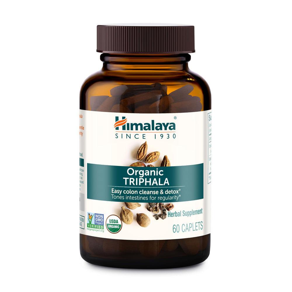 Himalaya frasco Triphala frente mostrando diseño y cantidad 60 caplets