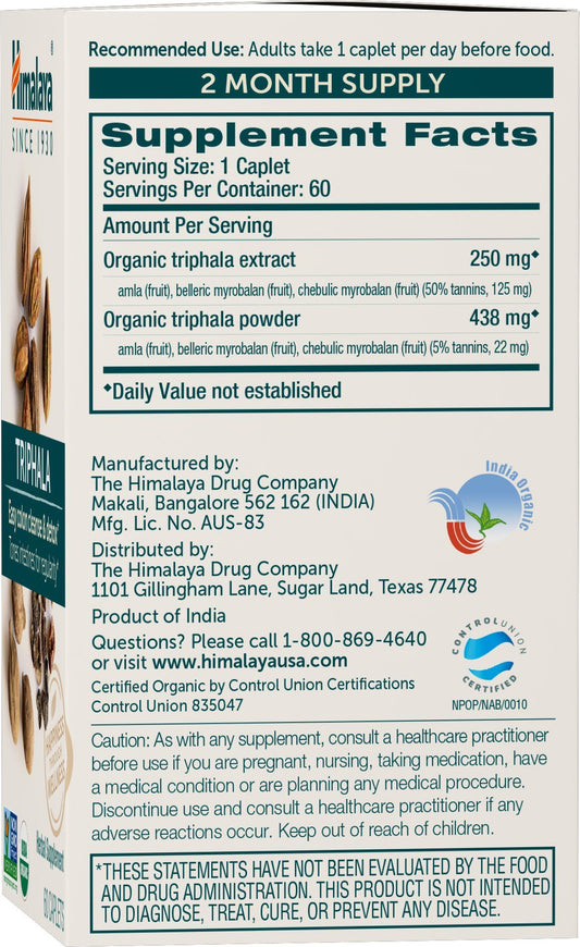 Himalaya cápsula Triphala primer plano mostrando textura y dosificación clara
