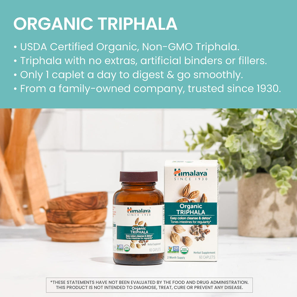 Himalaya etiqueta Triphala con sellos USDA Organic y Non-GMO para confianza