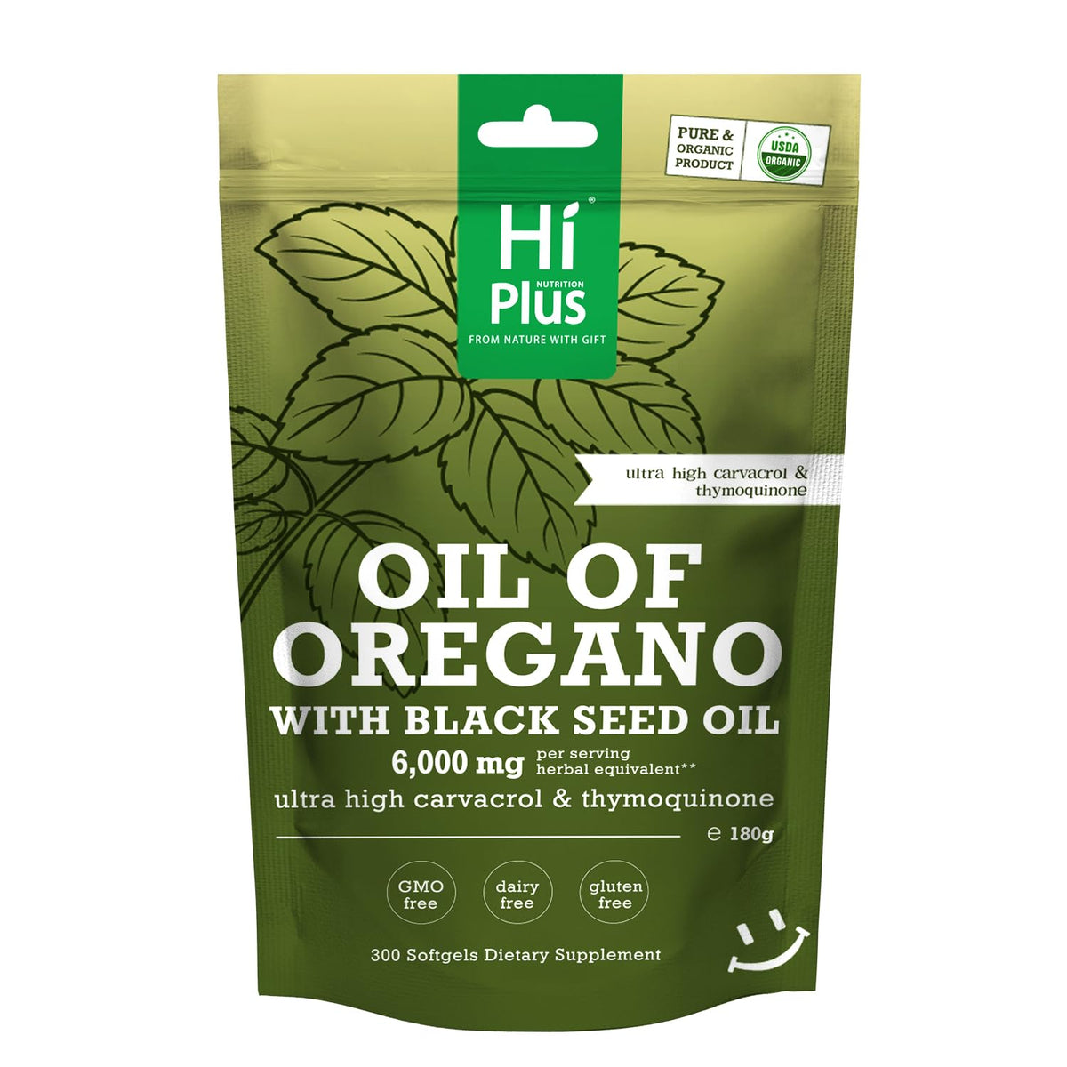 HiPlus aceites de orégano y semilla negra softgeles frasco para uso diario.