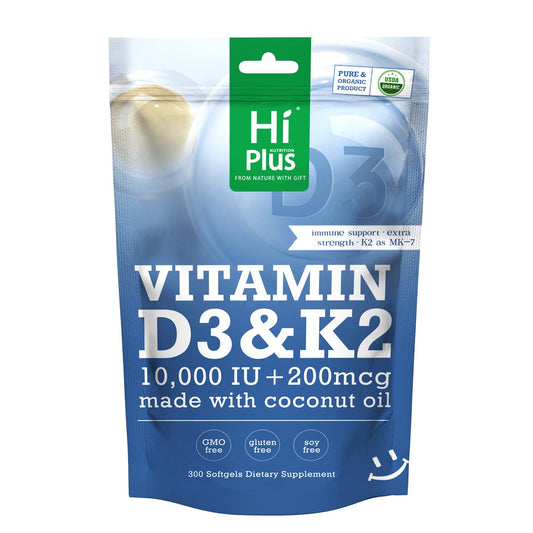 HiPlus D3+K2 en botella con aceite de coco para absorción óptima