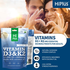 Etiqueta HiPlus D3-K2 destacando ingredientes y beneficios