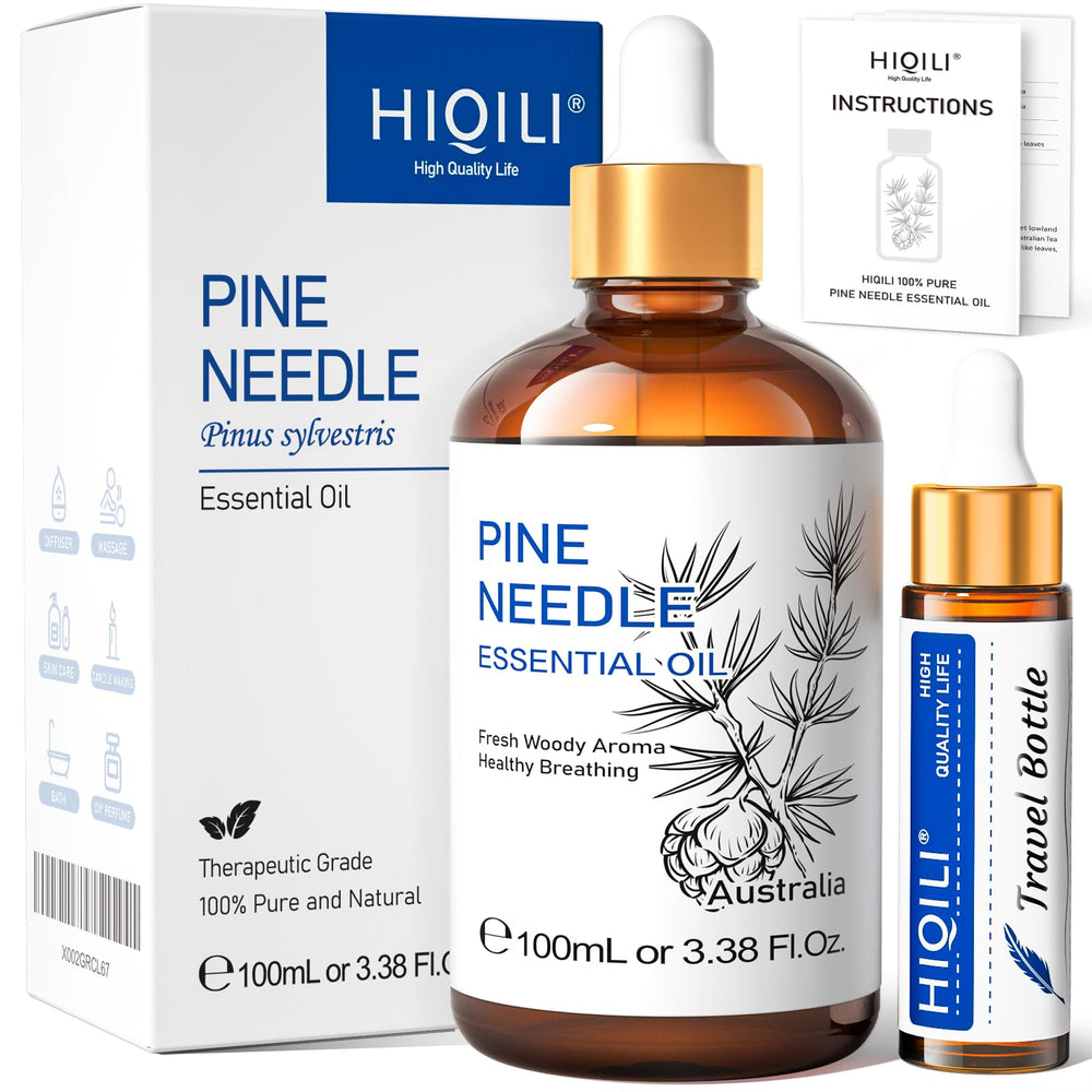 HIQILI Aceite Esencial de Pino 100 ml en botella ambar para difusor y aromaterapia suave.