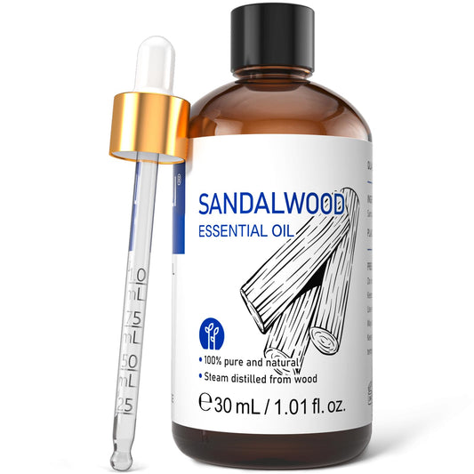 HIQILI botella frontal de aceite de sándalo mostrando envase y pureza