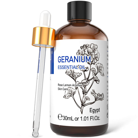 HIQILI presenta Aceite Esencial de Geranio en botella de 30 ml para perfumar espacios.