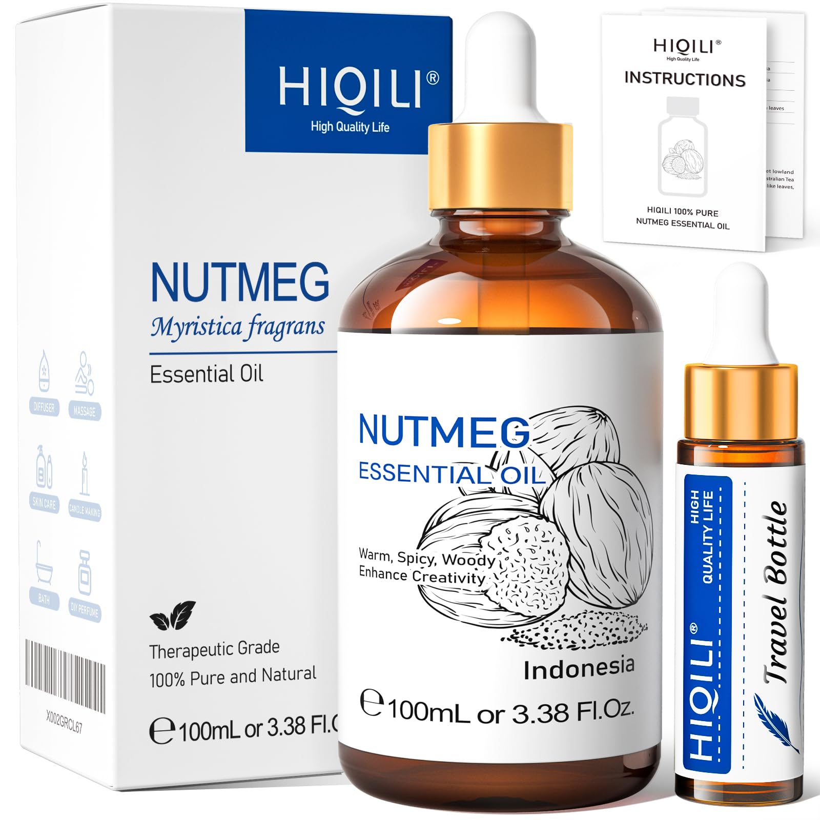 HIQILI Aceite esencial de nuez moscada en frasco puro de 100 ml para aromaterapia.