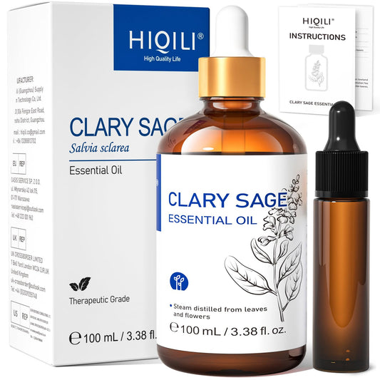 HIQILI botella frontal de salvia esclareia mostrando etiqueta y beneficio aromático