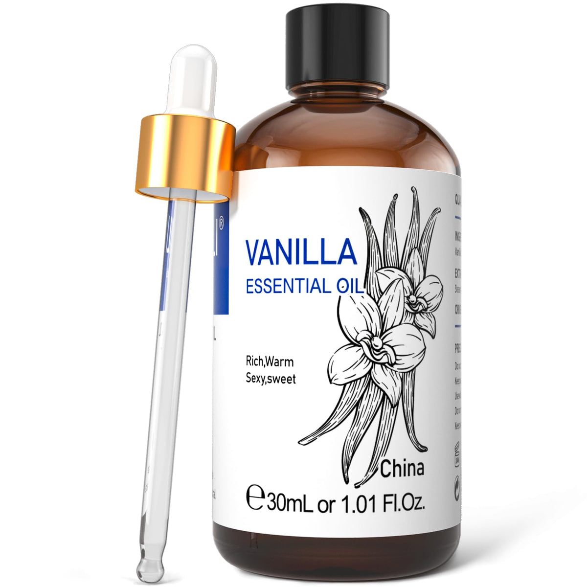 HIQILI Vanilla Aceite Esencial: botella de vidrio ambar para aroma y difusor.