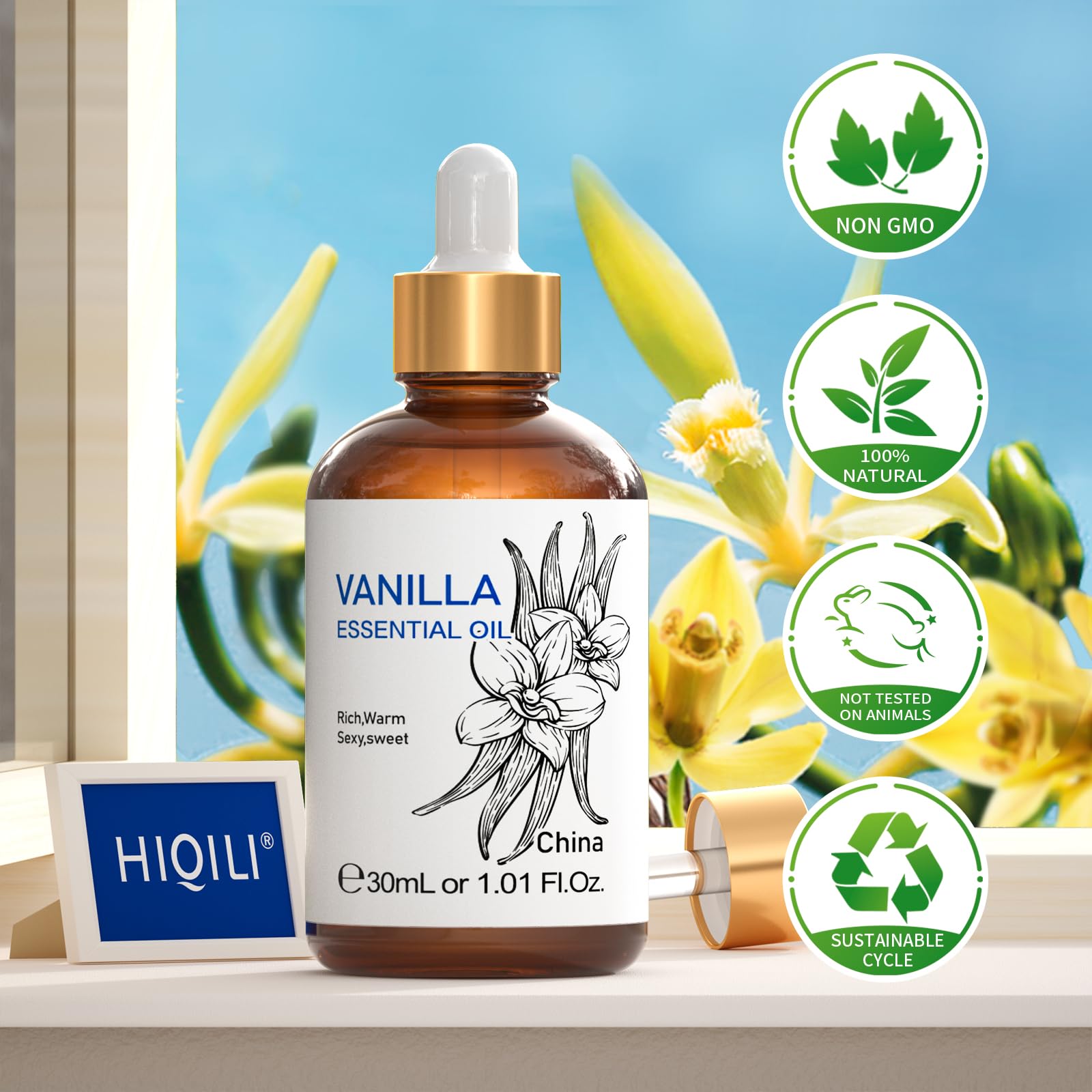 HIQILI Vanilla Aceite Esencial: pruebas de pureza GC/MS y COA.