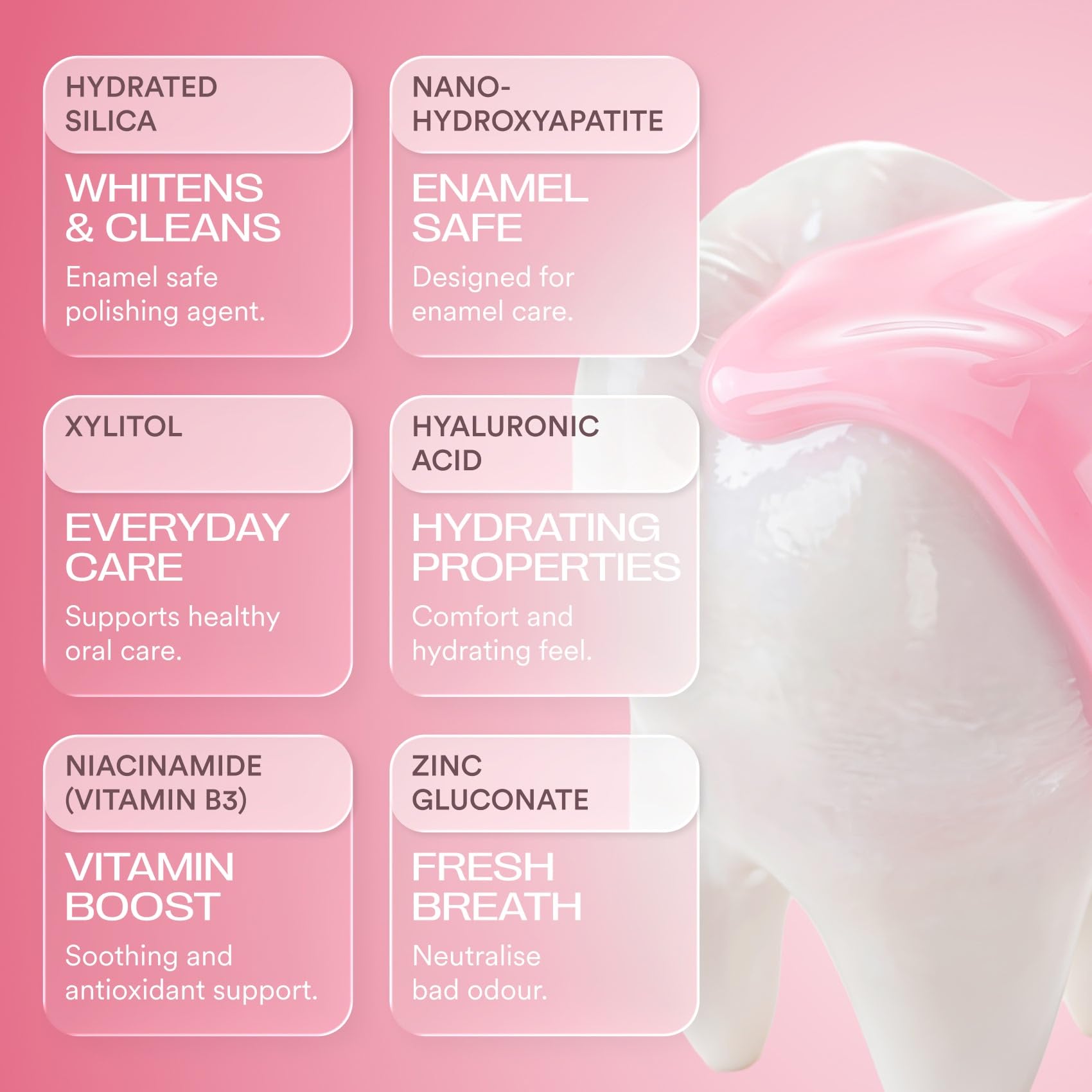 HISMILE primer plano de ingredientes clave indicando remineralización y cuidado