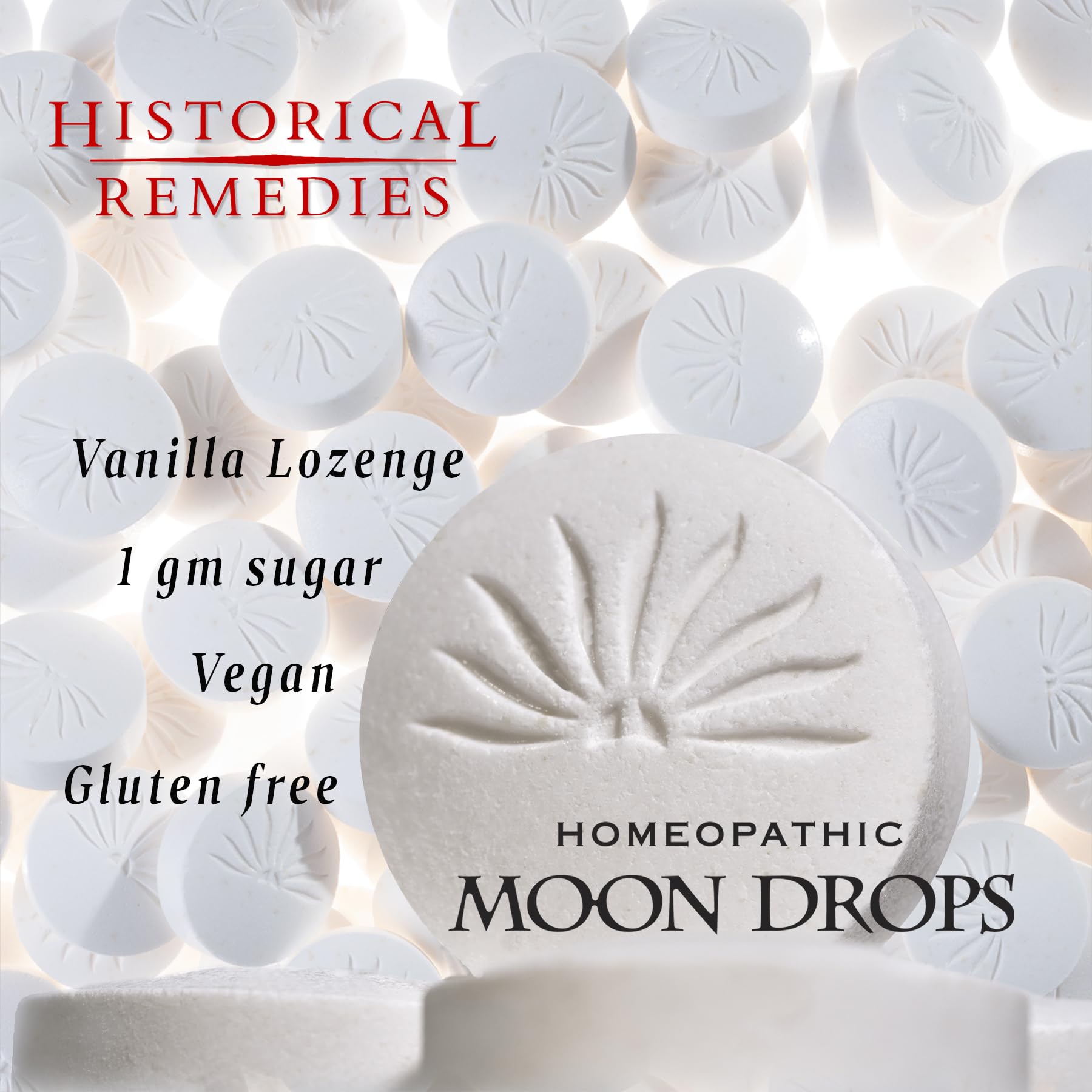 Historical Remedies Moon Drops primer plano de pastillas mostrando textura y color