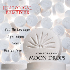 Historical Remedies Moon Drops detalle de textura y pastilla para disolver