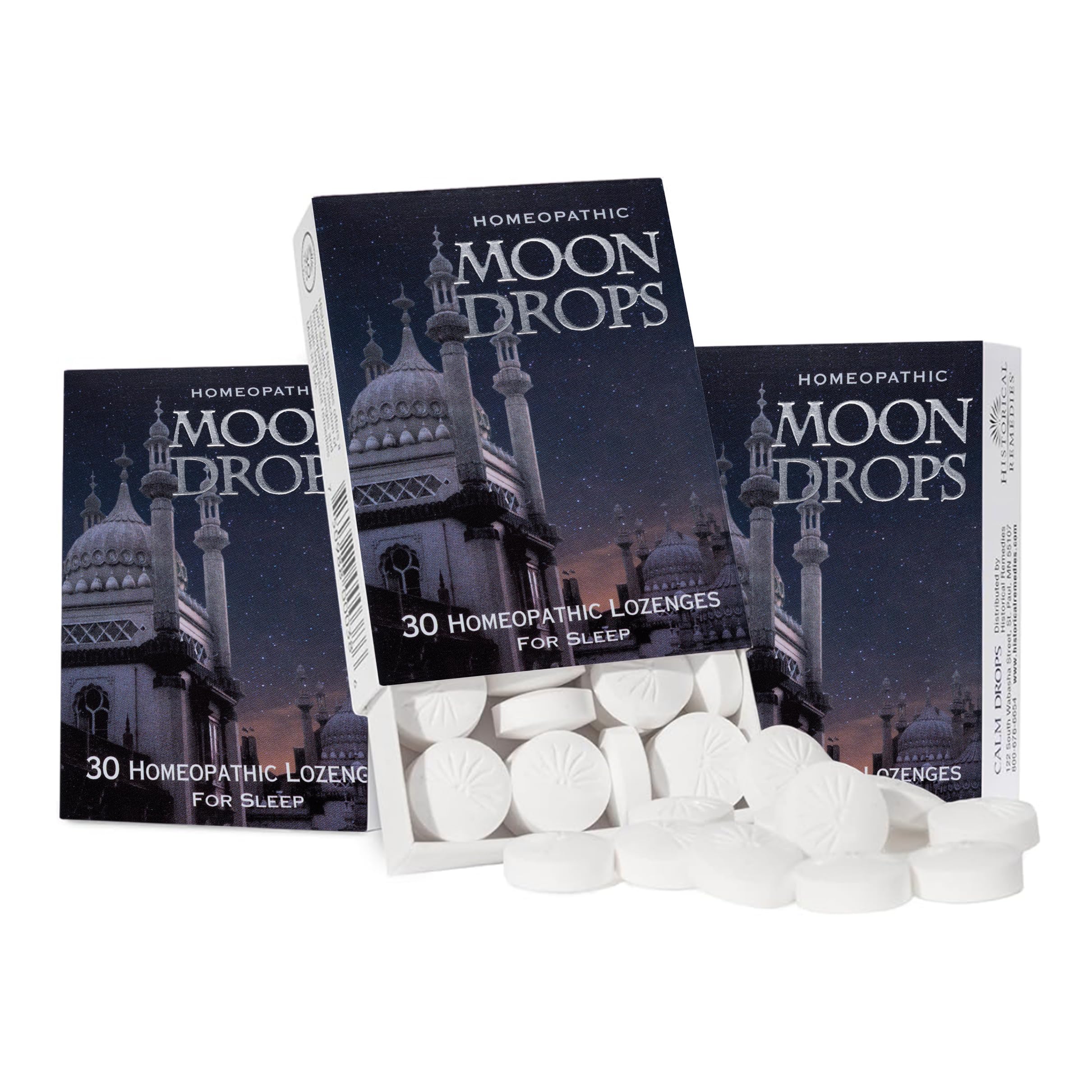 Historical Remedies Moon Drops vista frontal del envase y etiqueta, práctico para noche