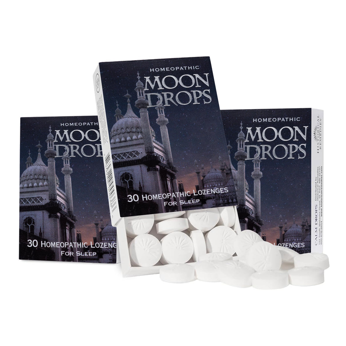 Historical Remedies Moon Drops vista frontal del envase y etiqueta, práctico para noche