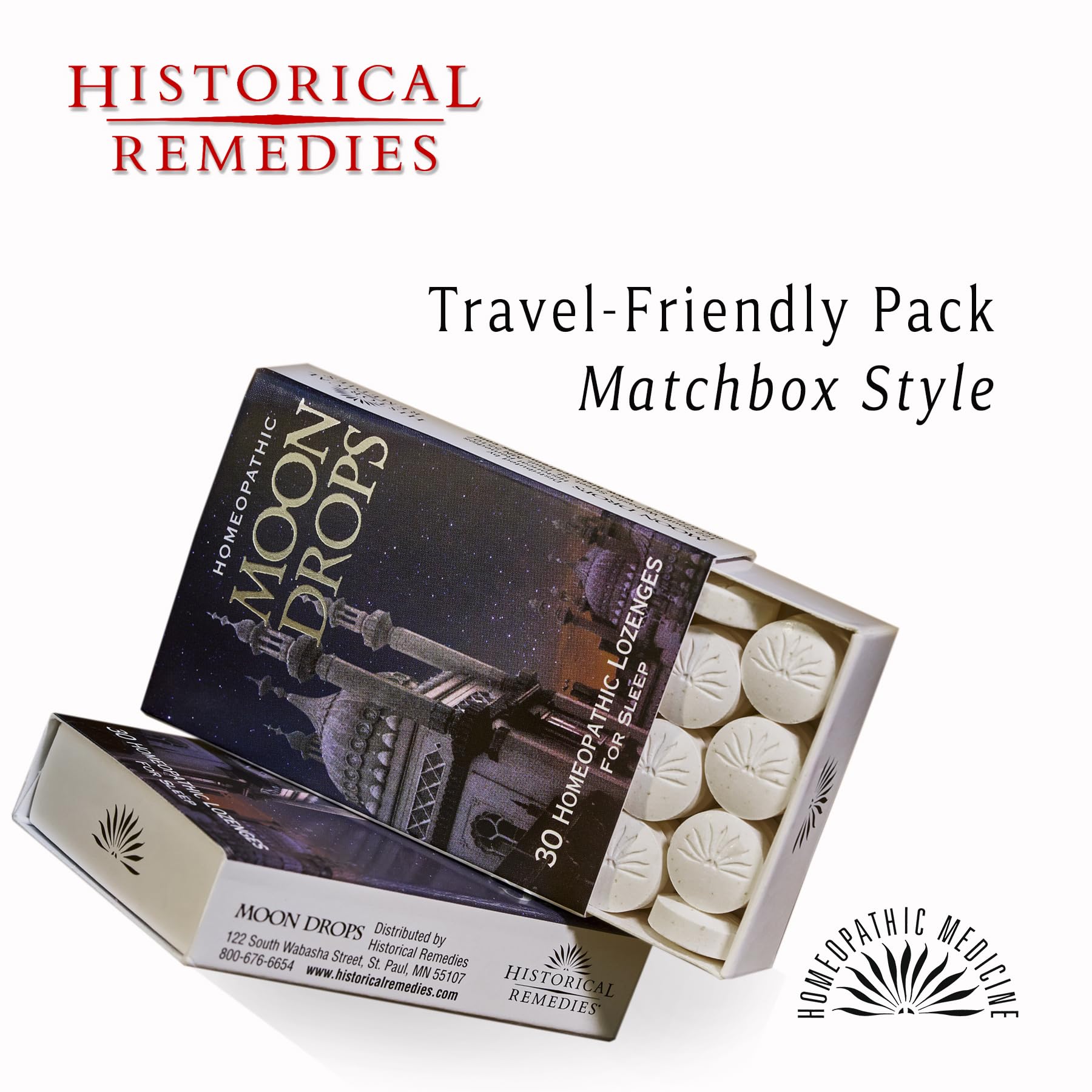Historical Remedies Moon Drops pastilla junto a almohada indicando ayuda para dormir