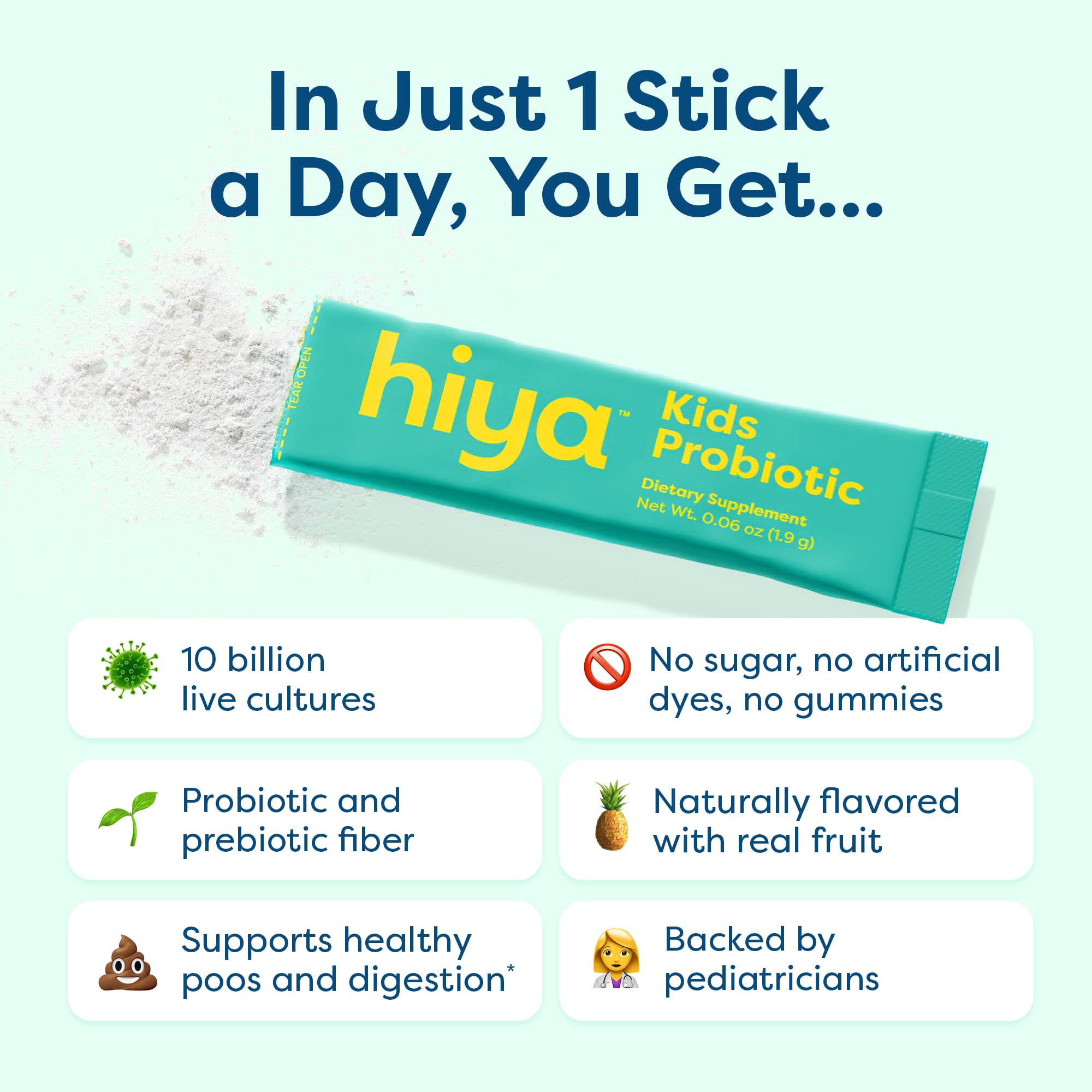 HIYA polvo mezclado en un vaso de agua, muestra rápida disolución