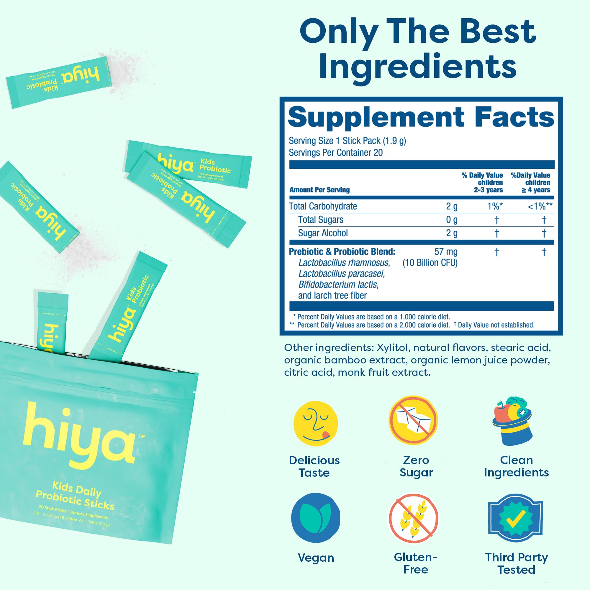 HIYA etiqueta con lista de ingredientes y certificación, tranquilidad para padres