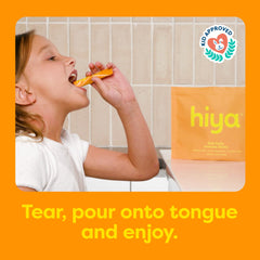 Polvo naranja de Hiya en primer plano mostrando textura y disolución fácil