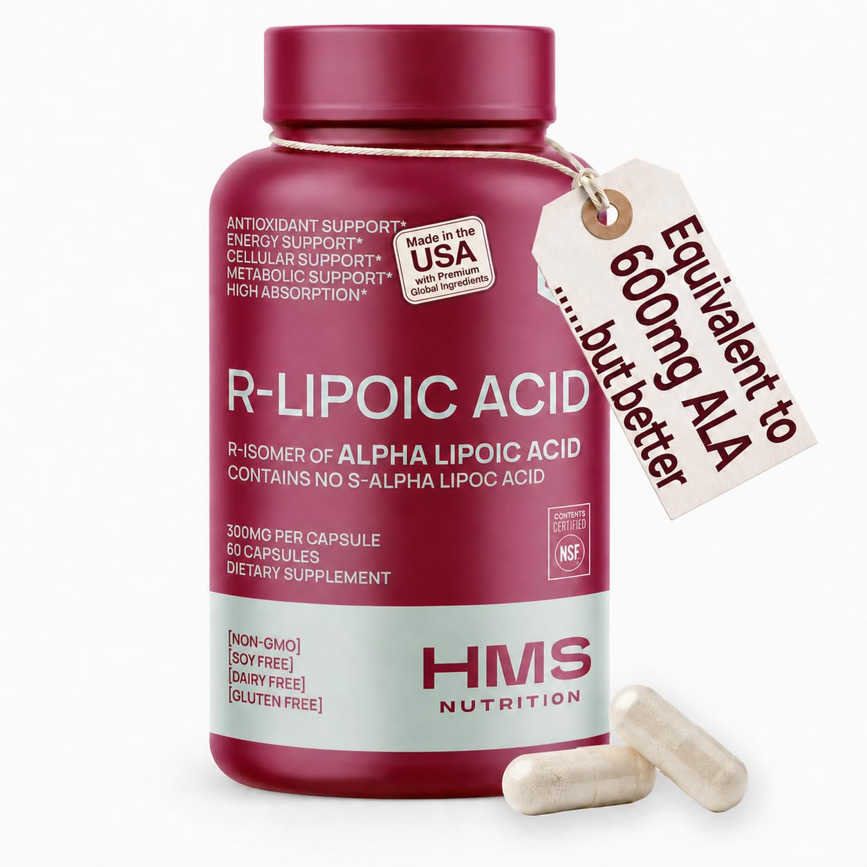 HMS Nutrition frente del empaque mostrando 60 cápsulas y marca, confiabilidad visual