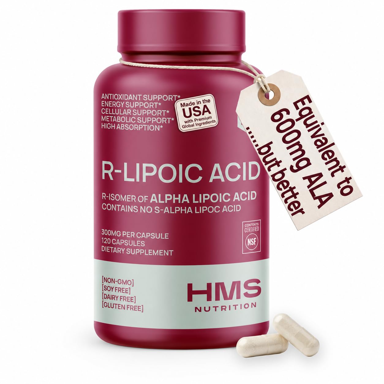 HMS Nutrition envase frontal de R-ALA 300 mg, transparencia de calidad y certificación