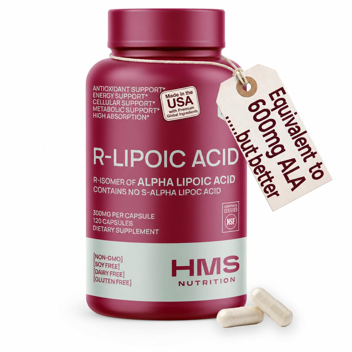 HMS Nutrition envase frontal de R-ALA 300 mg, transparencia de calidad y certificación
