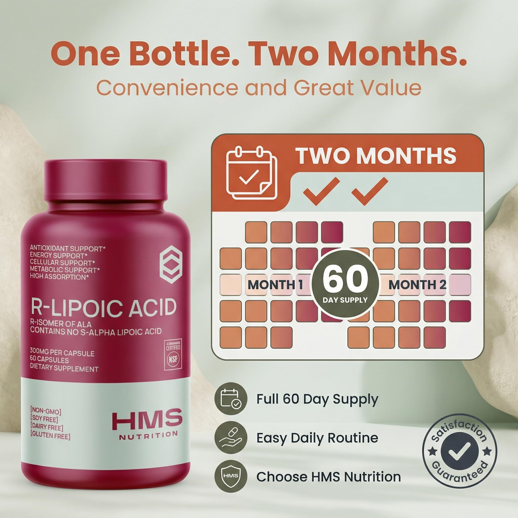 Comparación de tamaño HMS Nutrition con moneda, referencia de escala y dosis