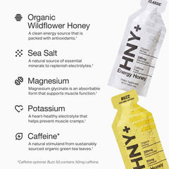 HNY+ detalle de etiqueta con ingredientes orgánicos y electrolitos