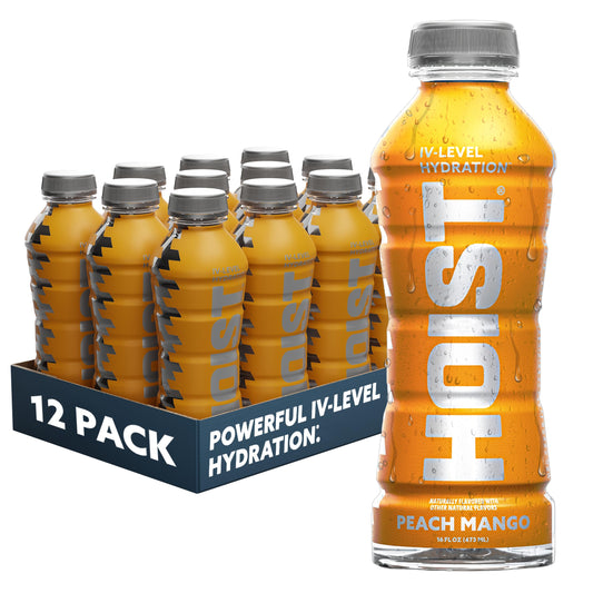HOIST botella frontal Peach Mango mostrando etiqueta y beneficio de hidratación rápida