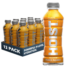 HOIST botella frontal Peach Mango mostrando etiqueta y beneficio de hidratación rápida