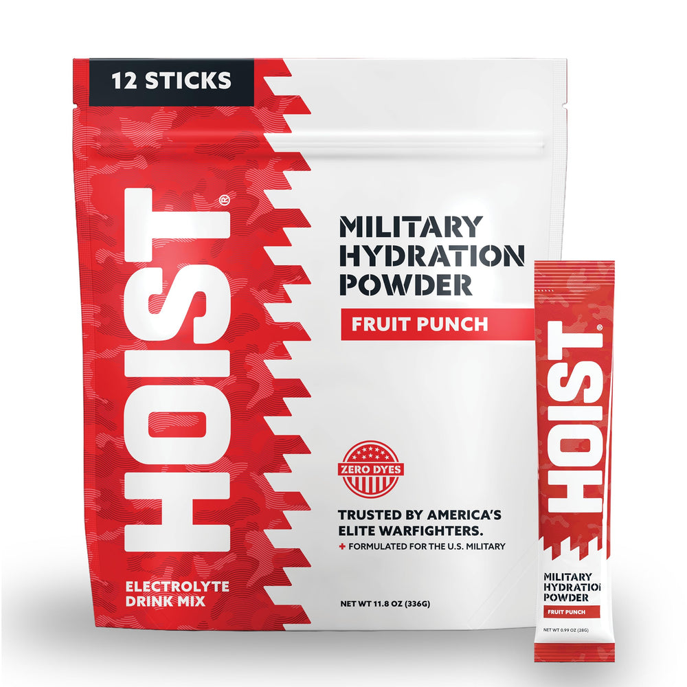 HOIST empaque delantero mostrando sobres y sabor Fruit Punch, fácil identificación y transporte