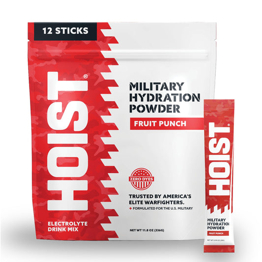 HOIST empaque delantero mostrando sobres y sabor Fruit Punch, fácil identificación y transporte
