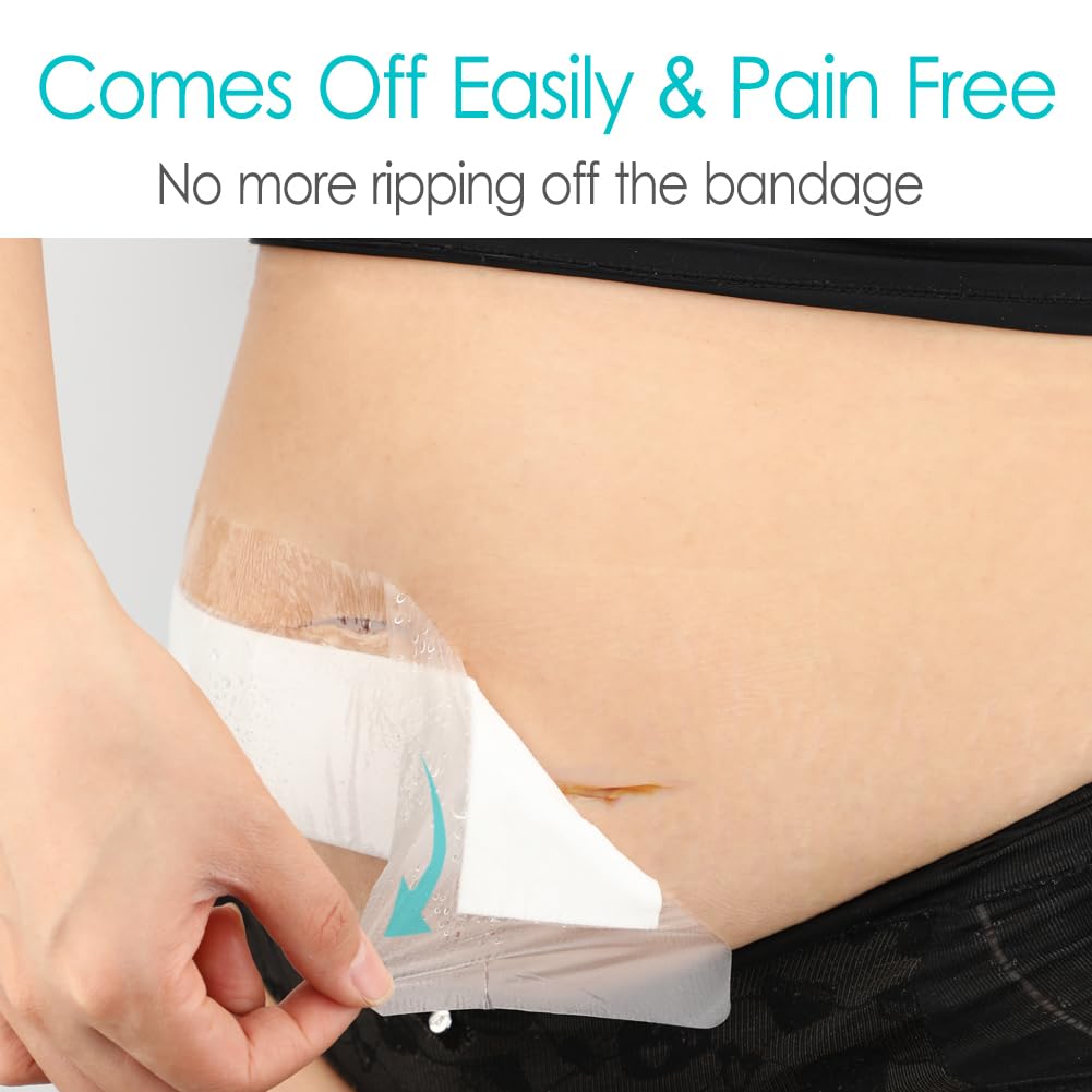 Hola Health protector colocado en abdomen durante ducha, mantiene vendaje seco