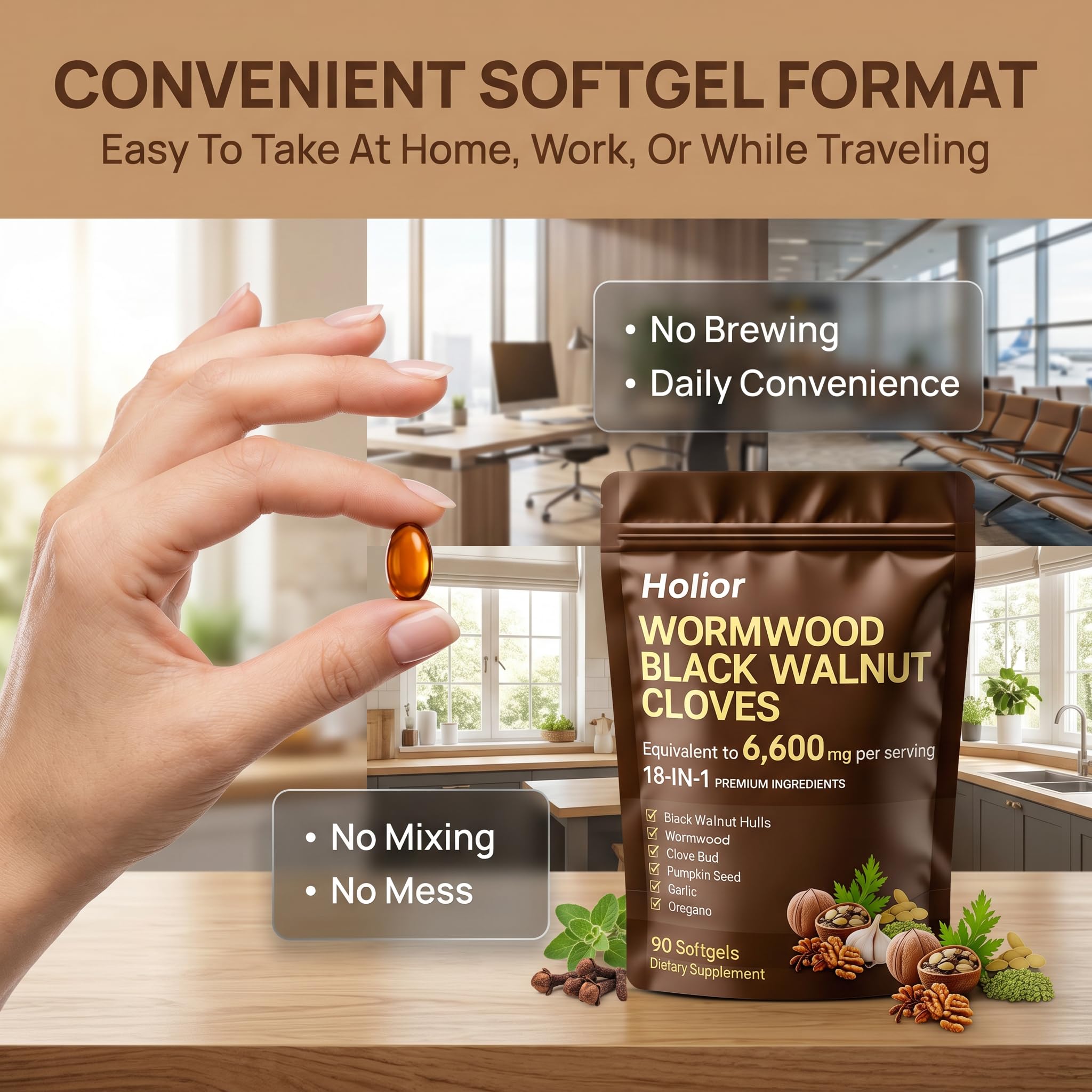 HOLIOR colección de ingredientes naturales como nogal negro y cúrcuma